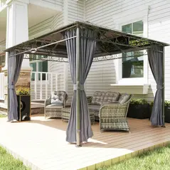 Outsunny 3 x 3.6m Hardtop Gazebo Canopy with Polycarbonate Roof, Permanent Pavilion Garden Gazebo with Curtains for Patio, Deck, Grey - 2