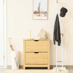 HOMCOM Narrow Shoe Cabinet, Space Saving Shoe Storage Cabinet with 2 Flip Drawers and Adjustable Shelves for 6-12 Pairs of Shoes for Hallways and Living Room, Natural Wood Finish - 2
