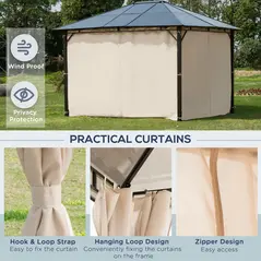 Outsunny 3 x 3.6m Hardtop Gazebo Canopy with Polycarbonate Roof Garden Pavilion with Removable Curtains and Steel Frame, Brown - 6