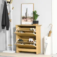 HOMCOM Narrow Shoe Cabinet, Space Saving Shoe Storage Cabinet with 2 Flip Drawers and Adjustable Shelves for 6-12 Pairs of Shoes for Hallways and Living Room, Natural Wood Finish - 7