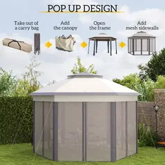 Outsunny 3 x 4m Garden Gazebo Hexagon Pop Up Gazebo Party Tent Canopy Double Roof Instant Shelter with Netting and Carry Bag for Outdoor Patio, Beige - 5
