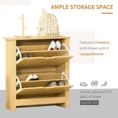 HOMCOM Narrow Shoe Cabinet, Space Saving Shoe Storage Cabinet with 2 Flip Drawers and Adjustable Shelves for 6-12 Pairs of Shoes for Hallways and Living Room, Natural Wood Finish - 4
