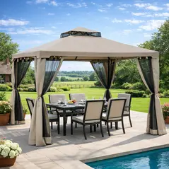Outsunny Outdoor Gazebo, 2-tier Roof W/Netting, 295L x 295W x 263Hcm-Taupe - 2