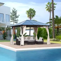 Outsunny 3 x 3.6m Hardtop Gazebo Canopy with Polycarbonate Roof Garden Pavilion with Removable Curtains and Steel Frame, Brown - 2
