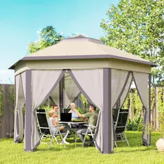 Outsunny 3 x 4m Garden Gazebo Hexagon Pop Up Gazebo Party Tent Canopy Double Roof Instant Shelter with Netting and Carry Bag for Outdoor Patio, Beige - 3