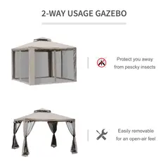 Outsunny Outdoor Gazebo, 2-tier Roof W/Netting, 295L x 295W x 263Hcm-Taupe - 6