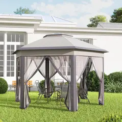 Outsunny 3 x 4m Garden Gazebo Hexagon Pop Up Gazebo Party Tent Canopy Double Roof Instant Shelter with Netting and Carry Bag for Outdoor Patio, Beige - 9