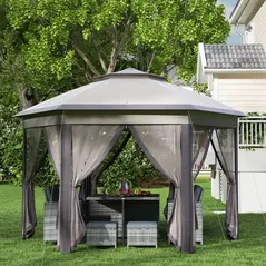 Outsunny 3 x 4m Garden Gazebo Hexagon Pop Up Gazebo Party Tent Canopy Double Roof Instant Shelter with Netting and Carry Bag for Outdoor Patio, Beige - 8