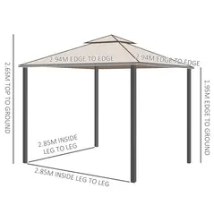 Outsunny Outdoor Gazebo, 2-tier Roof W/Netting, 295L x 295W x 263Hcm-Taupe - 3