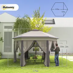 Outsunny 3 x 4m Garden Gazebo Hexagon Pop Up Gazebo Party Tent Canopy Double Roof Instant Shelter with Netting and Carry Bag for Outdoor Patio, Beige - 4