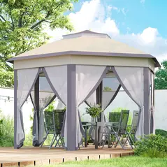 Outsunny 3 x 4m Garden Gazebo Hexagon Pop Up Gazebo Party Tent Canopy Double Roof Instant Shelter with Netting and Carry Bag for Outdoor Patio, Beige - 2