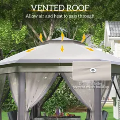 Outsunny 3 x 4m Garden Gazebo Hexagon Pop Up Gazebo Party Tent Canopy Double Roof Instant Shelter with Netting and Carry Bag for Outdoor Patio, Beige - 6