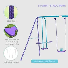 Outsunny Metal Swing Set, with Seesaw, Adjustable Height, for Ages 3+ Years, Purple - 5