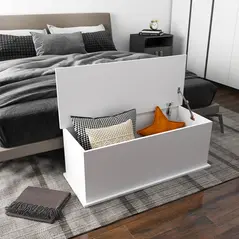 HOMCOM 113L Storage Chest, Storage Box with Flip-Top Lid and 2 Safety Hinges, Storage Trunk for Living Room, Entryway, 100 x 40 x 40 cm, White - 2