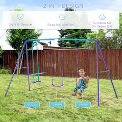 Outsunny Metal Swing Set, with Seesaw, Adjustable Height, for Ages 3+ Years, Purple - 4