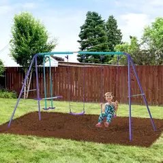 Outsunny Metal Swing Set, with Seesaw, Adjustable Height, for Ages 3+ Years, Purple - 2
