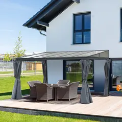 Outsunny 4 x 3(m) Outdoor Hardtop Gazebo with Curtains, Lean to Aluminium Pergola with Polycarbonate Roof, Garden Pavilion Sun Shade Shelter, Grey - 2