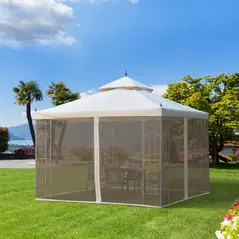 Outsunny 3(M)x3(M) Garden Gazebo Double Top Outdoor Canopy Patio Event Party Wedding Tent Backyard Sun Shade with Netting - Cream White - 2