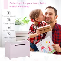 HOMCOM Wooden Kids Toy Box Children Storage Organizer Chest Safety Hinge Playroom Furniture Pink - 4