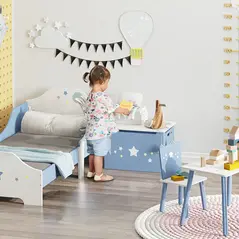 HOMCOM Kids Wooden Toy Box Children Storage Chest Organiser Side Handle Safety Hinge Play Room Furniture Blue - 2