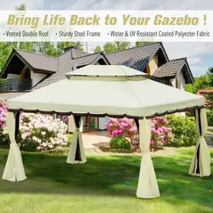 Outsunny 4 x 3 m Aluminum Garden Gazebo, Double Roof Outdoor Gazebo Canopy Shelter with Netting & Curtains for Garden, Lawn, Backyard and Deck, Cream - 7