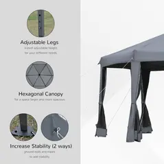 Outsunny 3.8m x 3.2m Pop Up Gazebo Hexagonal Canopy Tent Outdoor Sun Protection with 6 Mesh Sidewalls, Hand Bag, Grey - 5