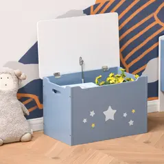 HOMCOM Kids Wooden Toy Box Children Storage Chest Organiser Side Handle Safety Hinge Play Room Furniture Blue - 8