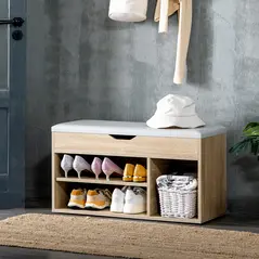 HOMCOM Shoes Cabinet Bench Hidden Storage Padded Seat Organiser Footwear Rack Hallway Oak Tone - 2