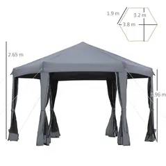 Outsunny 3.8m x 3.2m Pop Up Gazebo Hexagonal Canopy Tent Outdoor Sun Protection with 6 Mesh Sidewalls, Hand Bag, Grey - 3