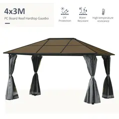 Outsunny 3 x 4m Hardtop Gazebo Canopy with Polycarbonate Roof, Aluminium Frame, Permanent Pavilion Garden Gazebo with Netting and Curtains - Grey - 4