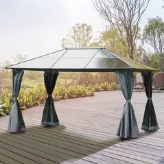 Outsunny 3 x 4m Hardtop Gazebo Canopy with Polycarbonate Roof, Aluminium Frame, Permanent Pavilion Garden Gazebo with Netting and Curtains - Grey - 2