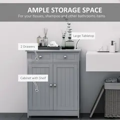 kleankin 75x60cm Freestanding Bathroom Storage Cabinet Unit w/ 2 Drawers Cupboard Adjustable Shelf Metal Handles Traditional Style Grey - 4