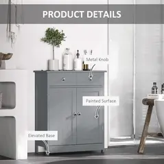 kleankin 75x60cm Freestanding Bathroom Storage Cabinet Unit w/ 2 Drawers Cupboard Adjustable Shelf Metal Handles Traditional Style Grey - 6