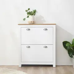 HOMCOM 2 Drawer Shoe Cabinet Modern Narrow Shoe Cupboard Hallway Wooden Storage Organiser with Flip Doors Adjustable Shelf for 6-12 Pairs, White - 2