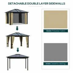 Outsunny 3 x 3.6(m) Hardtop Gazebo Canopy with Polycarbonate Roof and Aluminium Frame, Garden Pavilion with Mosquito Netting and Curtains, Brown - 5