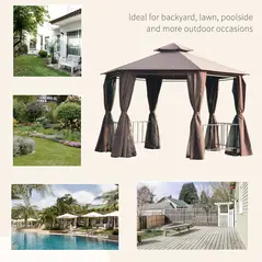 Outsunny 3 x 3(m) Hexagon Gazebo Patio Canopy Party Tent Outdoor Garden Shelter w/ 2 Tier Roof & Side Panel - Brown - 7