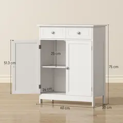 kleankin 75x60cm Freestanding Bathroom Storage Cabinet Unit w/ 2 Drawers Cupboard Adjustable Shelf Metal Handles Traditional Style White - 3