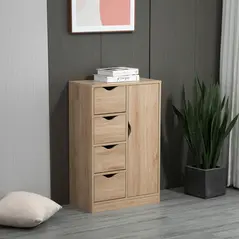 HOMCOM Bathroom Cabinet, Freestanding Storage Cabinet with 4 Drawers, Door Cupboard for Living Room, Kitchen, Bedroom, Natural - 2