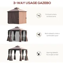 Outsunny 3 x 3(m) Hexagon Gazebo Patio Canopy Party Tent Outdoor Garden Shelter w/ 2 Tier Roof & Side Panel - Brown - 6