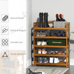 HOMCOM 5-Tier Shoe Rack, Acacia Wooden Shoe Storage Organiser with Hangers, Holds up to 19 Pairs, for Entryway, Living Room, 64 x 26 x 82 cm, Teak - 6