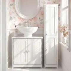 kleankin Under Sink Bathroom Cabinet, Freestanding Under Sink Cabinet with 2 Doors and Adjustable Shelf for Basin without or with Pedestal, White - 2