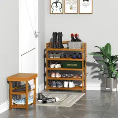 HOMCOM 5-Tier Shoe Rack, Acacia Wooden Shoe Storage Organiser with Hangers, Holds up to 19 Pairs, for Entryway, Living Room, 64 x 26 x 82 cm, Teak - 2