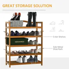 HOMCOM 5-Tier Shoe Rack, Acacia Wooden Shoe Storage Organiser with Hangers, Holds up to 19 Pairs, for Entryway, Living Room, 64 x 26 x 82 cm, Teak - 4