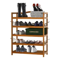 HOMCOM 5-Tier Shoe Rack, Acacia Wooden Shoe Storage Organiser with Hangers, Holds up to 19 Pairs, for Entryway, Living Room, 64 x 26 x 82 cm, Teak - 9