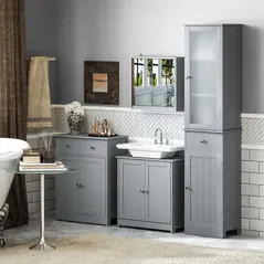 kleankin 75x60cm Freestanding Bathroom Storage Cabinet Unit w/ 2 Drawers Cupboard Adjustable Shelf Metal Handles Traditional Style Grey - 9