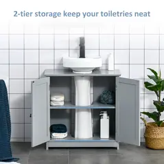 kleankin Under Sink Bathroom Cabinet, Freestanding Under Sink Cabinet with 2 Doors and Adjustable Shelf for Basin without or with Pedestal, Grey - 5