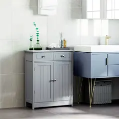 kleankin 75x60cm Freestanding Bathroom Storage Cabinet Unit w/ 2 Drawers Cupboard Adjustable Shelf Metal Handles Traditional Style Grey - 2
