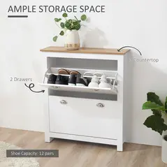 HOMCOM 2 Drawer Shoe Cabinet Modern Narrow Shoe Cupboard Hallway Wooden Storage Organiser with Flip Doors Adjustable Shelf for 6-12 Pairs, White - 4