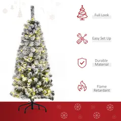 HOMCOM 4FT Prelit Artificial Snow Flocked Christmas Tree with Warm White LED Light, Holiday Home Xmas Decoration, Green White - 4