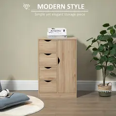 HOMCOM Bathroom Cabinet, Freestanding Storage Cabinet with 4 Drawers, Door Cupboard for Living Room, Kitchen, Bedroom, Natural - 4